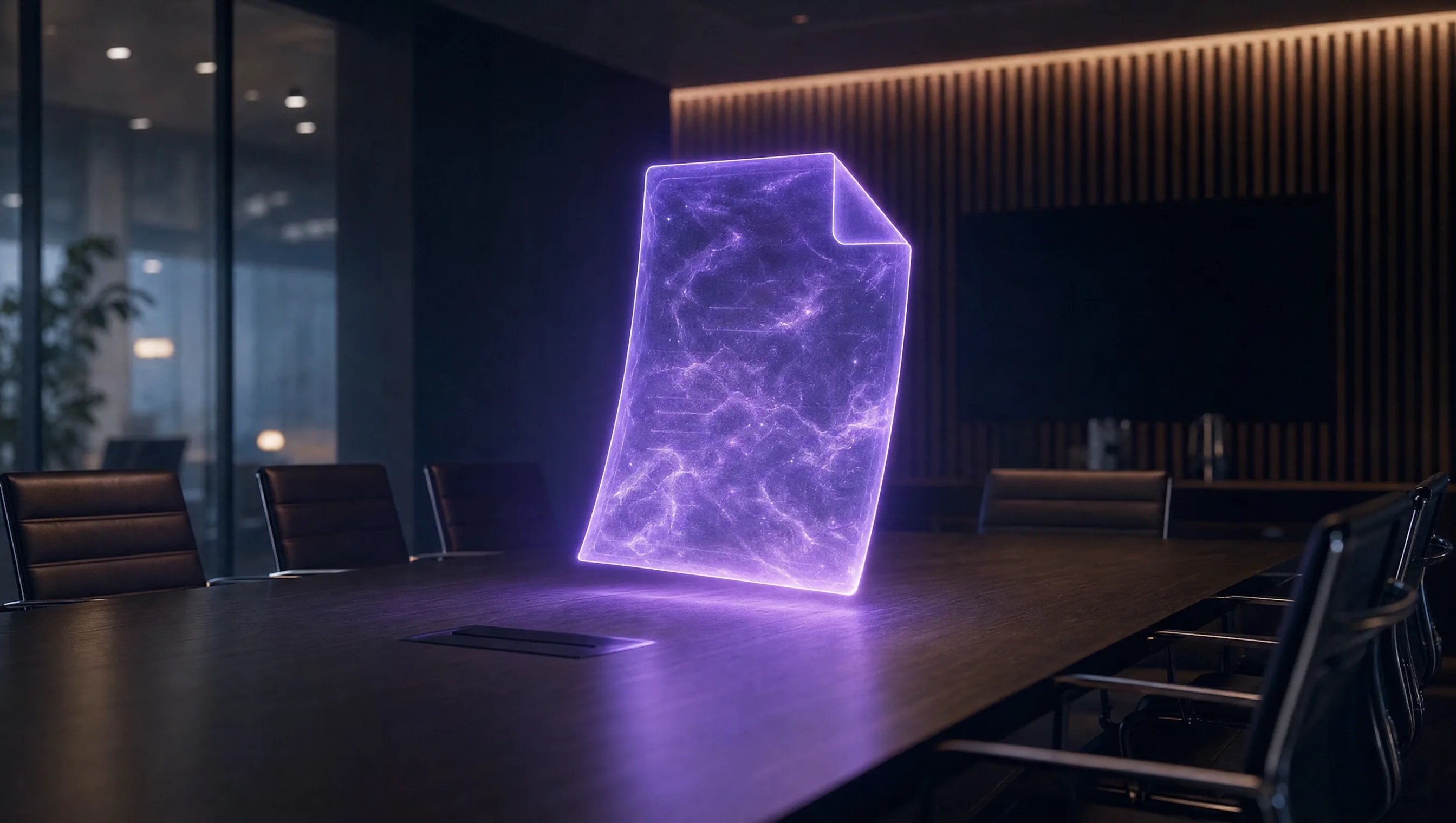 Documento holográfico flutuando numa sala de reunião escura