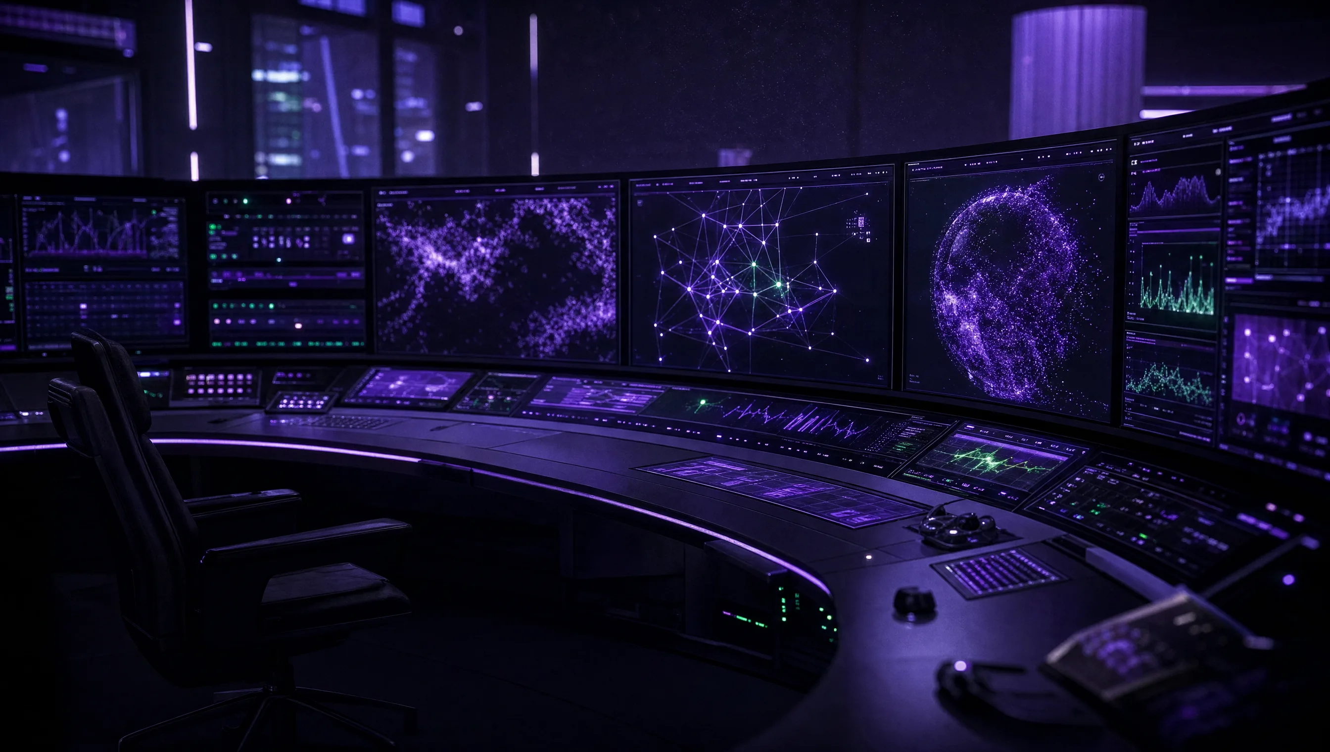 Painel curvo com dezenas de telas iluminadas em violeta