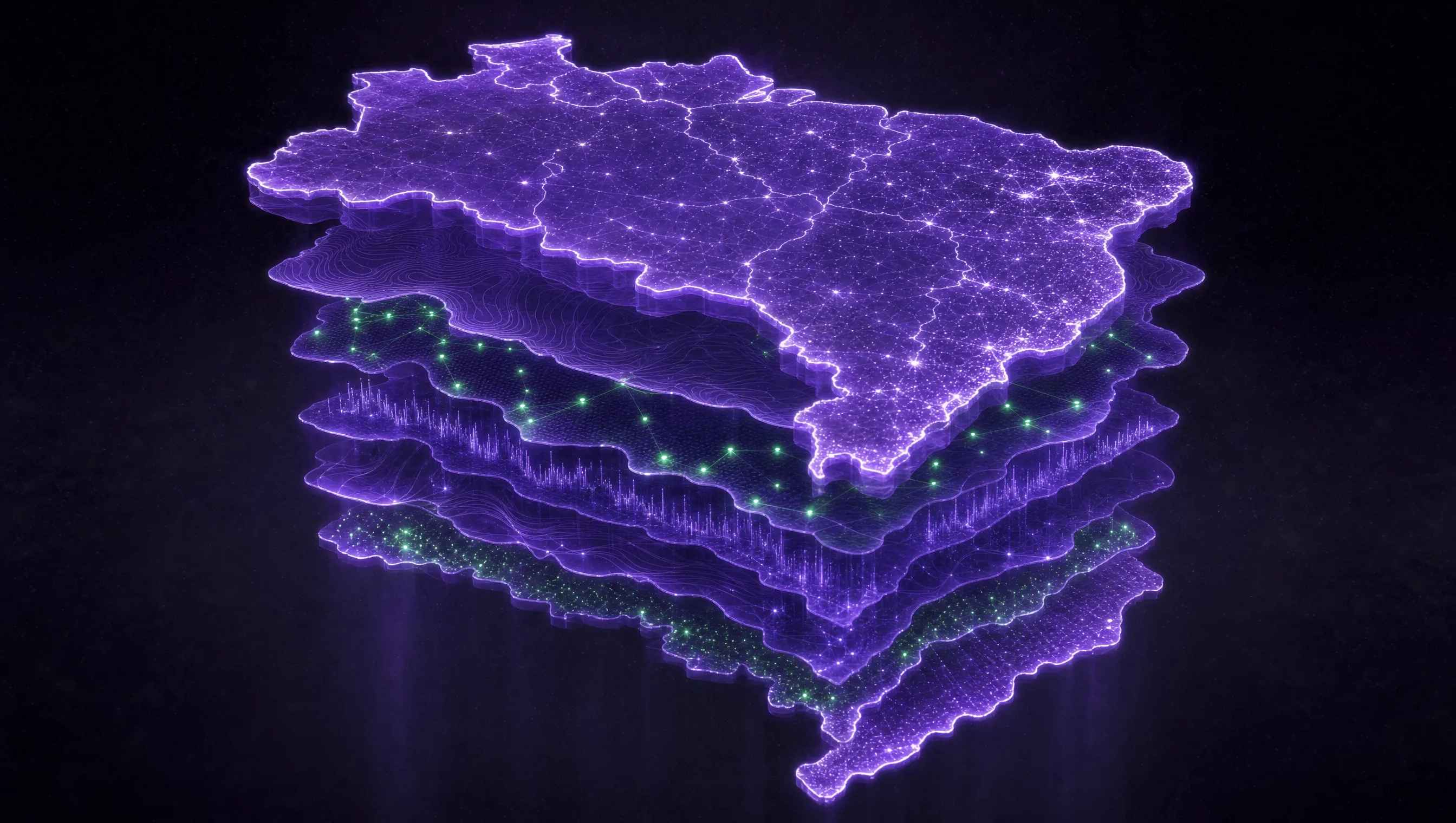 Mapa em camadas empilhadas de relevo, dados e sinais territoriais