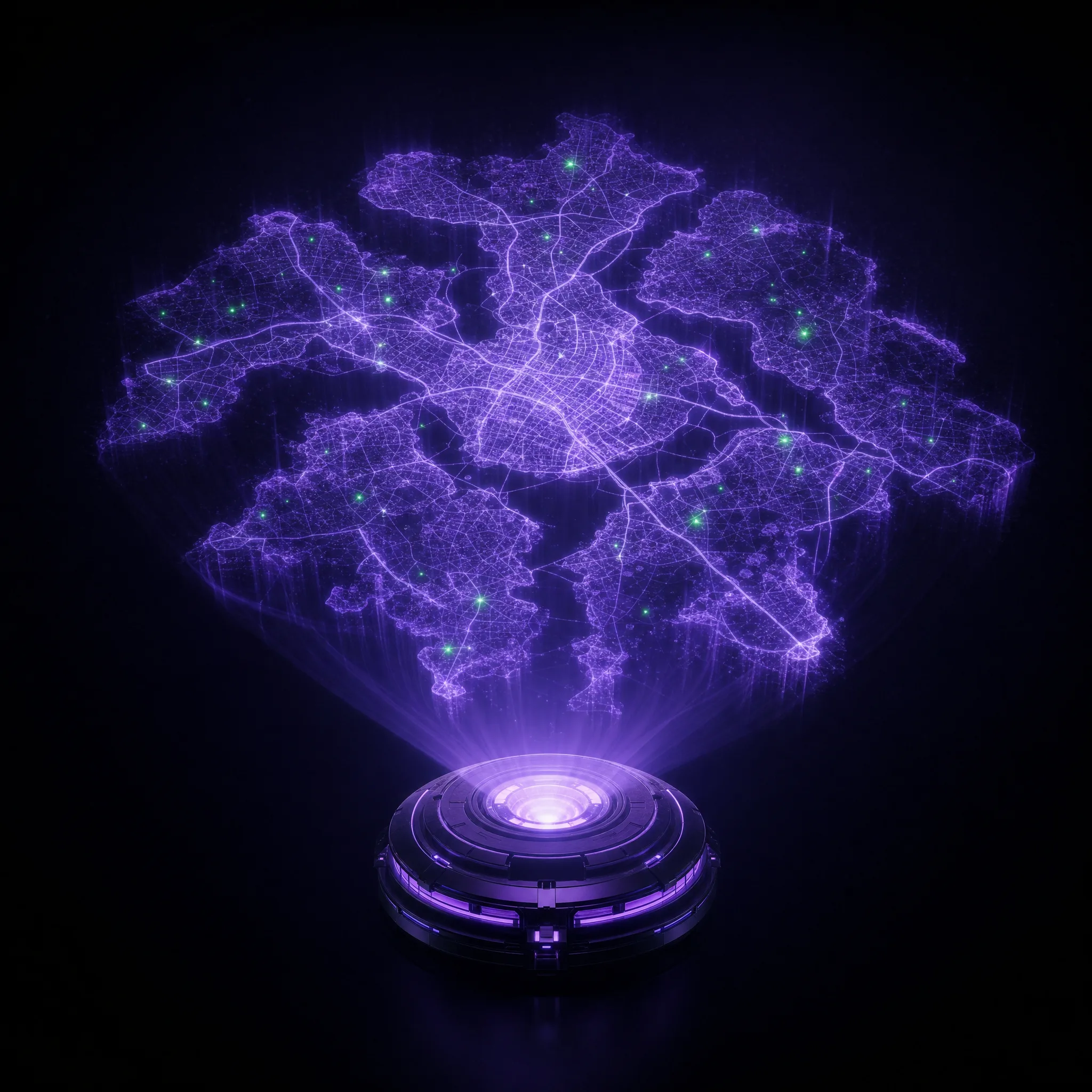 Holograma violeta de mapa em escala de cidade